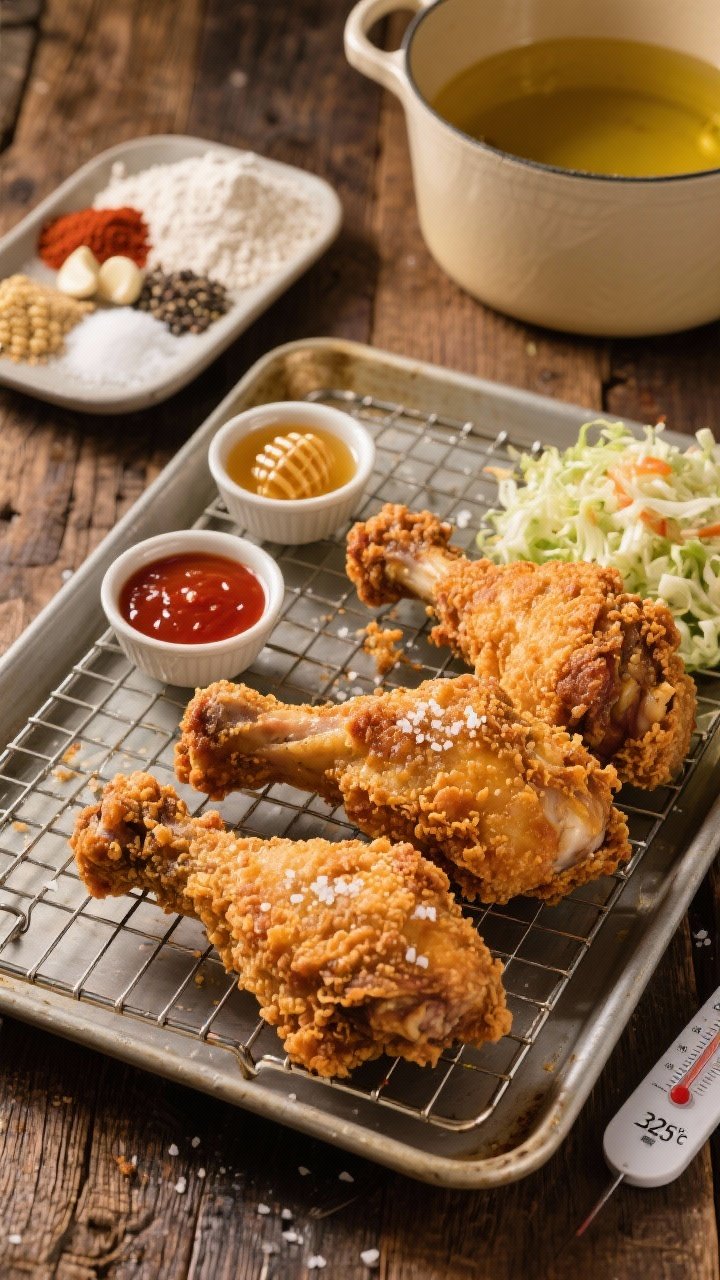 Overhead flat lay of the “Buttermilk Crispy Classic” final platter: bone-in drumsticks and thighs with a shatteringly crisp, craggy crust, deep golden brown, sprinkled with flaky salt while still glistening. Include small ramekins of honey and hot sauce, a side of crunchy slaw, and a wire rack over a sheet pan to hint at the resting step. Style with a Dutch oven in the background with neutral oil, a shallow dish of seasoned flour with visible paprika, garlic powder, onion powder, black pepper, and cornstarch, plus a measuring thermometer reading 325°F. Warm, nostalgic lighting on a rustic wooden table; high-contrast textures emphasizing juicy meat and crackly crust; no people.