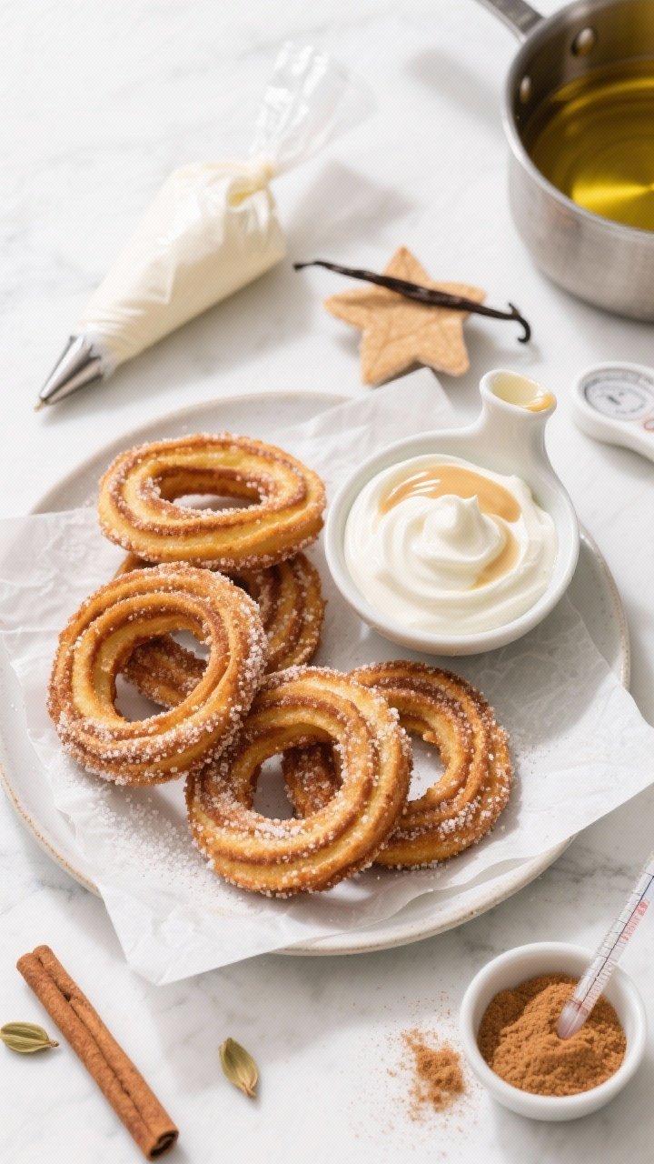 Overhead flat lay: Party-ready cinna-swirl churro loops (3–4 inch rings) stacked casually on a wide plate, each loop heavily dusted with granulated sugar and cinnamon; a small carafe and shallow bowl of extra-silky vanilla cream made with heavy cream, whole milk, sweetened condensed milk, and vanilla bean paste, visibly glossy and pourable. Include parchment squares used for piping, an open star tip piping bag, a bowl of cinnamon sugar, and a thermometer by a pot of oil off to the side. Add a pinch of cardamom near the sugar bowl for detail. Bright, clean styling with gleaming highlights on the sauce.