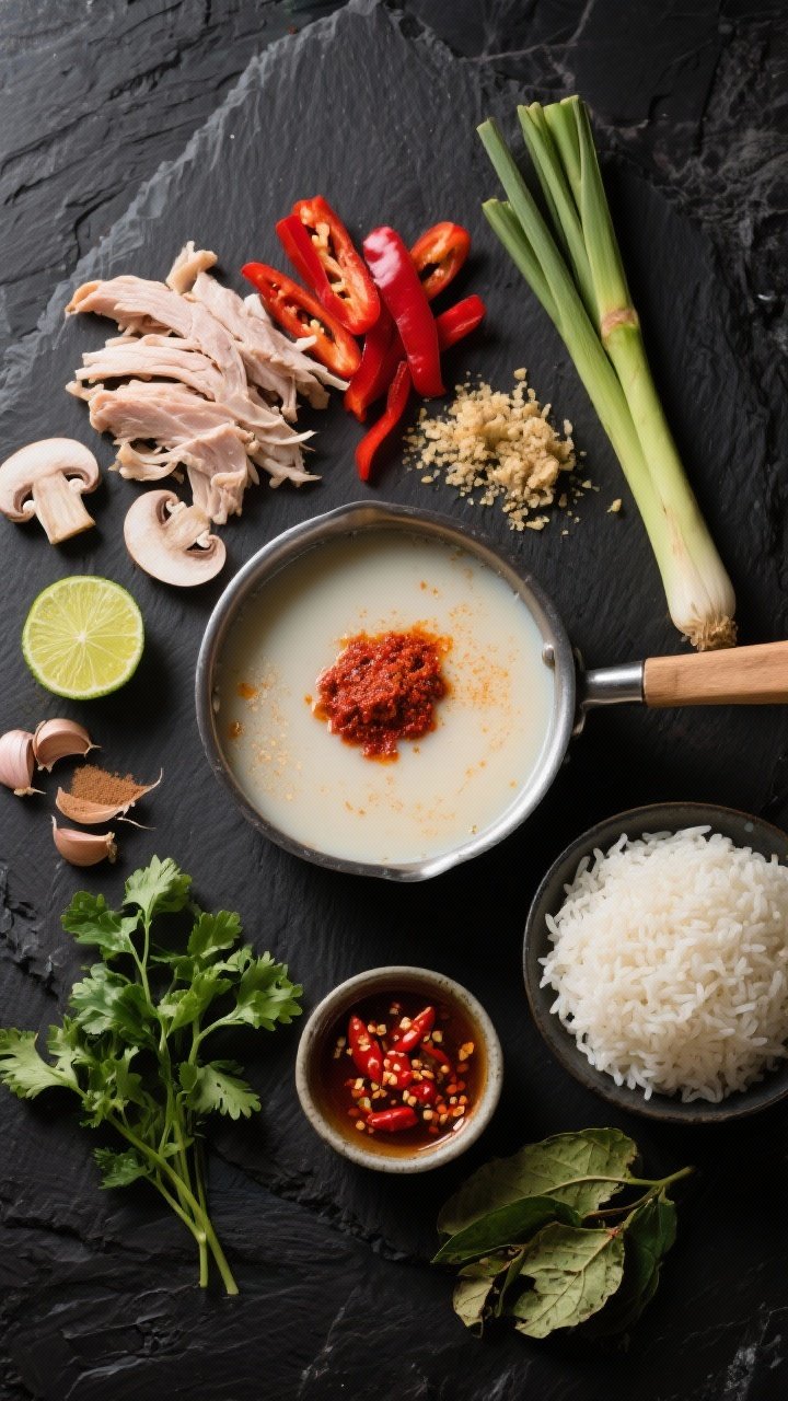 Overhead ingredient-and-process shot for Thai-Inspired Coconut Turkey Soup: dark slate surface with a simmering saucepan showing a silky coconut milk and broth base tinted by red curry paste; arranged around: sliced mushrooms, thin red bell pepper strips, shredded turkey, grated ginger, minced garlic, fish sauce, brown sugar, a halved lime, cilantro/Thai basil, and optional kaffir lime leaves and a bruised lemongrass stalk; a small bowl of chili crisp and a mound of jasmine rice off to the side; vibrant colors, high contrast, clean styling; mood: modern Thai-inspired weeknight ease, no people.