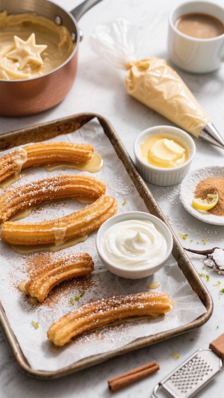 Overhead ingredient-prep and baked result combo: A parchment-lined baking sheet filled with oven-baked brunch churros, 4–5 inch lengths brushed with melted butter, baked to puffed golden and tossed in cinnamon sugar; next to it, a small bowl of light vanilla cream dip made with Greek yogurt, a splash of heavy cream, powdered sugar, and vanilla—silky but lighter. Include raw elements: a saucepan with choux paste, a large star-tip piping bag, a ramekin of melted butter and a dish of sugar mixed with cinnamon, plus a microplane with a curl of lemon zest nearby for the optional flair. Natural morning light for a brunch vibe with a cup of hot coffee partly visible.