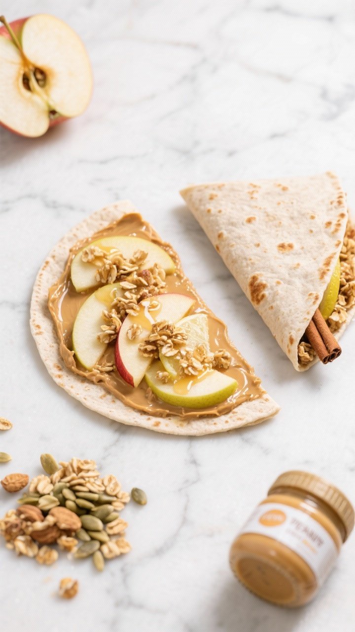 Overhead ingredient-to-final transition for peanut butter apple crunch wraps: a whole wheat tortilla spread with creamy peanut butter, thin Honeycrisp/Gala apple slices tossed with lemon juice and cinnamon arranged on one half, a sprinkle of low-sugar granola for texture, drizzle of honey; next to it, a finished folded triangle wrap lightly toasted with faint golden spots, one piece cut to show layered apples and granola crunch; a small pile of sunflower seed butter labeled jar cap nearby for nut-free cue; clean marble surface, bright, snacky, kid-appealing styling.