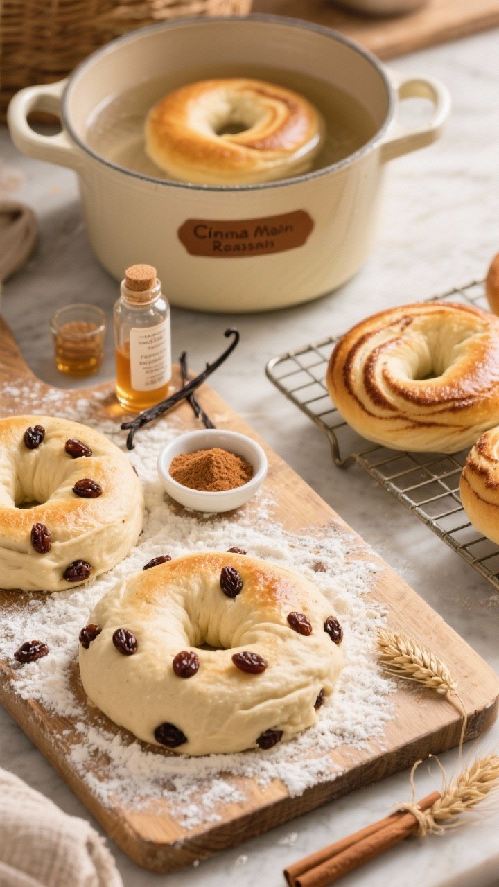 Overhead ingredient-to-finish flat lay for Cinnamon Raisin bagels: a floured board with dough rings studded with plump raisins, a small dish of ground cinnamon, vanilla extract vial, brown sugar, and barley malt/honey; nearby, a pot labeled with a brown sugar–baking soda boil bath, with two bagels simmering; finished golden bagels cooling on a rack, subtle cinnamon swirl visible on the surface; cozy bakery aroma implied through warm tones and soft morning light.