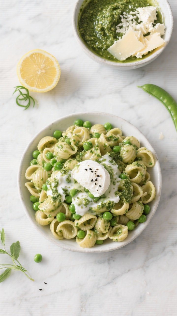Overhead ingredient-to-finish transition for Green Goddess Pesto Pea Mac: a wide flat lay on a light marble surface showing cooked small pasta (orecchiette) mixed with bright green peas, a bowl of glossy basil pesto, grated provolone/fontina and Parmesan, torn fresh mozzarella pieces, lemon half with zest curls; in the center, the final mac glistening with pesto-laced cream sauce, visible mozzarella pools and a fresh grind of black pepper; minimal props, spring-fresh color palette, crisp lighting.