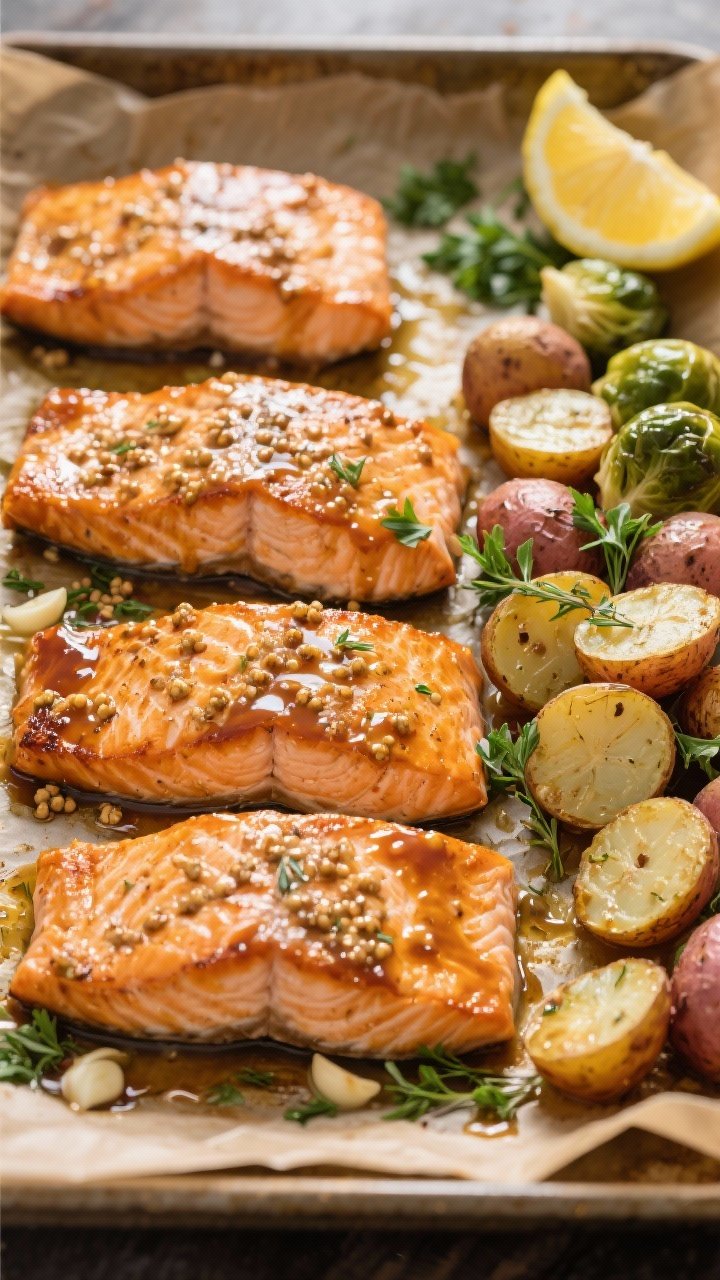 Overhead sheet-pan action shot: Crispy maple-Dijon salmon with herbed baby potatoes roasting together on parchment at 425°F. Four skin-on salmon fillets brushed with a glossy maple, Dijon, whole-grain mustard, apple cider vinegar, and grated garlic glaze, edges lightly caramelized; halved baby potatoes tossed with olive oil, thyme, salt, and pepper clustered on one side. Fresh parsley scattered, lemon wedges at the corner, optional halved Brussels sprouts added. Warm, golden lighting to emphasize sticky sheen and crisp textures; no hands, just the food.