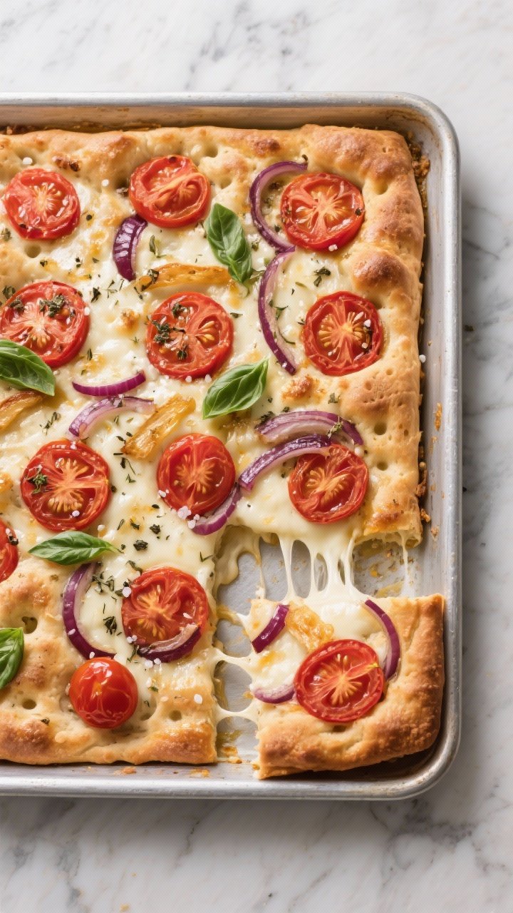 Overhead sheet-pan presentation of Tomato Focaccia “that eats like dinner”: a rimmed 13x18-inch pan filled with puffy, dimpled dough studded with halved cherry tomatoes placed cut-side up, ribbons of caramelized red onion, melted low-moisture mozzarella bubbling, dusted with dried oregano and black pepper; finishing flakes of sea salt and torn basil scattered post-bake; rich reds, golds, and creamy whites against a brushed aluminum pan on a marble surface; appetizing cheese pull on one corner slice, no people.