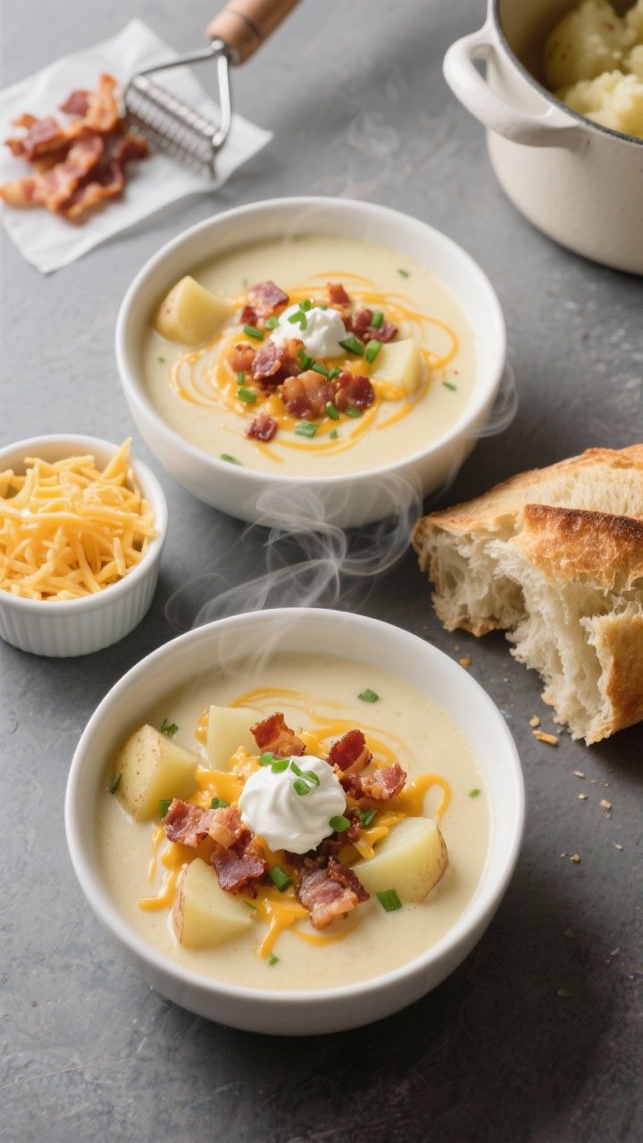 Overhead shot: A classic creamy potato bacon soup ladled into two white ceramic bowls on a matte slate surface, steam rising. Visible tender Yukon Gold potato chunks in a velvety pale-gold base, melted sharp cheddar swirls, crispy thick-cut bacon crumbles on top, chopped chives, a light dusting of smoked paprika, and a dollop of sour cream on one bowl. A side of warm crusty bread torn open shows texture. Props include a small ramekin of extra shredded cheddar, the reserved bacon on parchment, and a pot with a potato masher partially submerged, hinting at the lightly mashed technique. Soft, cozy lighting to emphasize creaminess and comfort.