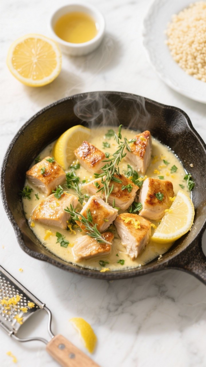 Overhead shot, bright and clean: Lemon-Thyme Skillet Bites glistening in a stainless skillet with a silky butter-garlic pan sauce. Golden seared chicken breast bites tossed with visible fresh thyme leaves, flecks of lemon zest, minced garlic, and a light lemon-broth reduction pooled around the edges. Garnish of chopped parsley. Props: zested lemon halves, a microplane with zest, small bowl of low-sodium chicken broth, and a side plate of fluffy couscous. Color palette: sunny yellows, fresh green herbs, warm golden browns. Steam subtly rising, natural daylight on a light marble surface.