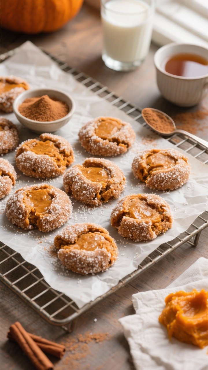 Overhead shot, final presentation: A parchment-lined cooling rack filled with chewy pumpkin spice cookies rolled in granulated sugar, edges lightly crisp and centers slightly underdone and glossy, a small bowl of extra cinnamon sugar nearby, visible warm tones of pumpkin orange and cinnamon brown; include styling props: a glass of cold milk and a cup of tea, a spoon dusted with pumpkin pie spice and ground cinnamon, and a small mound of blotted pumpkin purée on paper towels in the corner to hint at the technique; soft natural window light, shallow shadows, cozy Thanksgiving vibe, high detail on sugar sparkle and crackly tops.