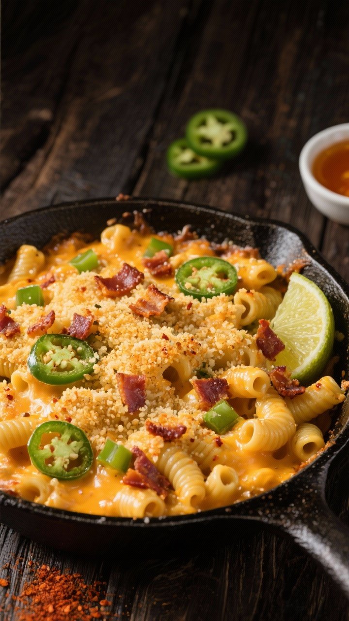 Overhead shot of a cast-iron skillet filled with Fiery Jalapeño Popper Mac and Cheese: ultra-creamy cheddar and Monterey Jack-coated cavatappi, folded with visible diced fresh jalapeños and flecks of smoked paprika, topped with a golden, just-broiled panko-Parmesan crust; optional crisped bacon crumbles scattered; lime wedges and a small dish of hot honey on the side for drizzle; warm, dramatic lighting to emphasize bubbling cheese and crunchy texture; no people, on a dark rustic wood surface with a few jalapeño rings and smoked paprika dusting.