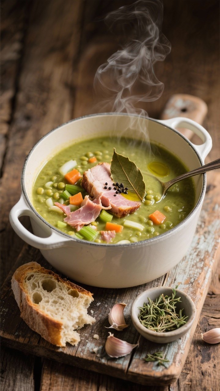 Overhead shot of a rustic white Dutch oven filled with classic split pea ham soup: velvety green purée with visible diced carrots, celery, and onion, shredded ham from a meaty ham bone folded in; a bay leaf and a sprinkle of black pepper on top. Drizzle of olive oil glistening, steam rising. Styled on a worn wooden table with a ladle, a slice of crusty bread torn beside the pot, a small pinch bowl of dried thyme and garlic cloves nearby. Warm, homey lighting, shallow depth keeping the pot in crisp focus.