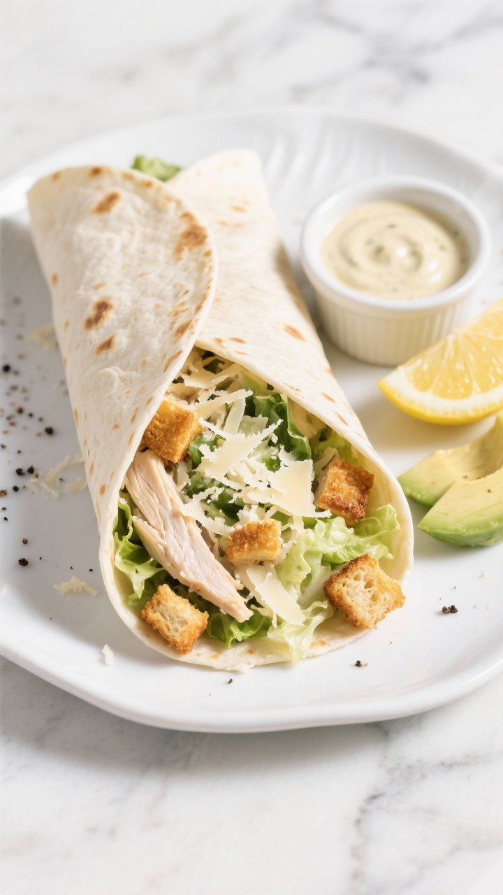 Overhead shot of a sliced Rotisserie Chicken Caesar Crunch Wrap on a white ceramic plate: flour tortillas tightly rolled and cut on a diagonal, revealing creamy Caesar-dressed shredded rotisserie chicken, crisp chopped romaine, grated Parmesan, and crushed golden croutons with optional avocado slices. Visible lemon wedges and a small ramekin of Caesar dressing on the side, a light sprinkle of freshly ground black pepper on the cut surfaces. Bright, crisp textures emphasized; clean marble surface; natural daylight; high contrast; no people.