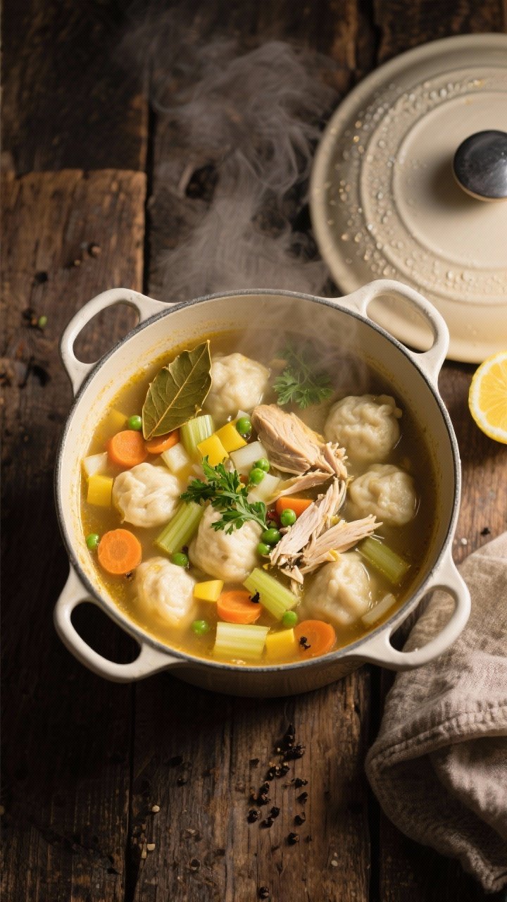 Overhead shot of a steaming Classic Grandma-Style Chicken Dumplin Soup in a wide enamel Dutch oven on a rustic wooden table: golden chicken stock with visible diced yellow onion, carrot coins, celery slices, shredded chicken thighs, bay leaves floating, tender buttermilk drop dumplins puffed on the surface, a sprinkle of fresh parsley and a few peas, cracked black pepper and a lemon wedge on the side; soft evening light, cozy Sunday mood, slight condensation on the pot lid nearby.