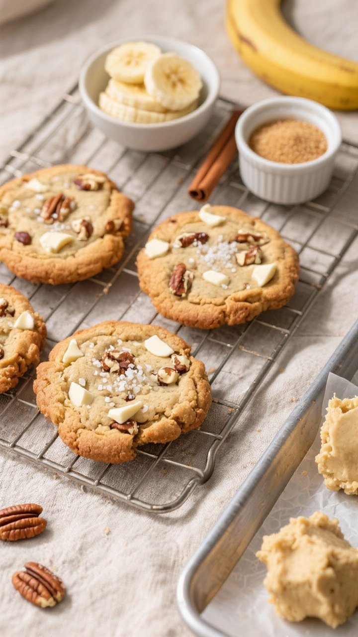 Overhead shot of bakery-style white chocolate banana bread cookies cooling on a wire rack: large, chewy cookies with visible melted white chocolate chunks and rough-chopped toasted pecans studded throughout, lightly sprinkled with flaky sea salt. A small bowl of ripe mashed banana, a cinnamon stick, and a ramekin of mixed granulated and light brown sugar off to the side. Two scoops of dough on a parchment-lined baking sheet in the corner to hint at process. Warm, cozy morning light, neutral linen, soft shadows, crisp edges, plush centers.
