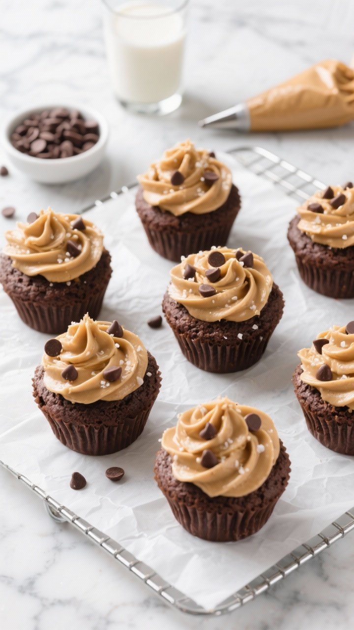 Overhead shot of Classic Bakery-Style Chocolate Peanut Butter Cupcakes on a white parchment-lined cooling rack: fluffy chocolate cupcakes with silky, pipe-swirled peanut butter frosting, sprinkled with mini chocolate chips for a glossy finish. Include a small bowl of mini chips, a piping bag with peanut butter frosting, and a glass of cold milk on a marble surface. Colors: deep cocoa brown, warm peanut butter tan, white marble. Lighting: soft daylight, minimal shadows. Emphasize moist crumb and creamy frosting texture; optional drizzle of melted chocolate and a pinch of flaky salt on a few for variety.
