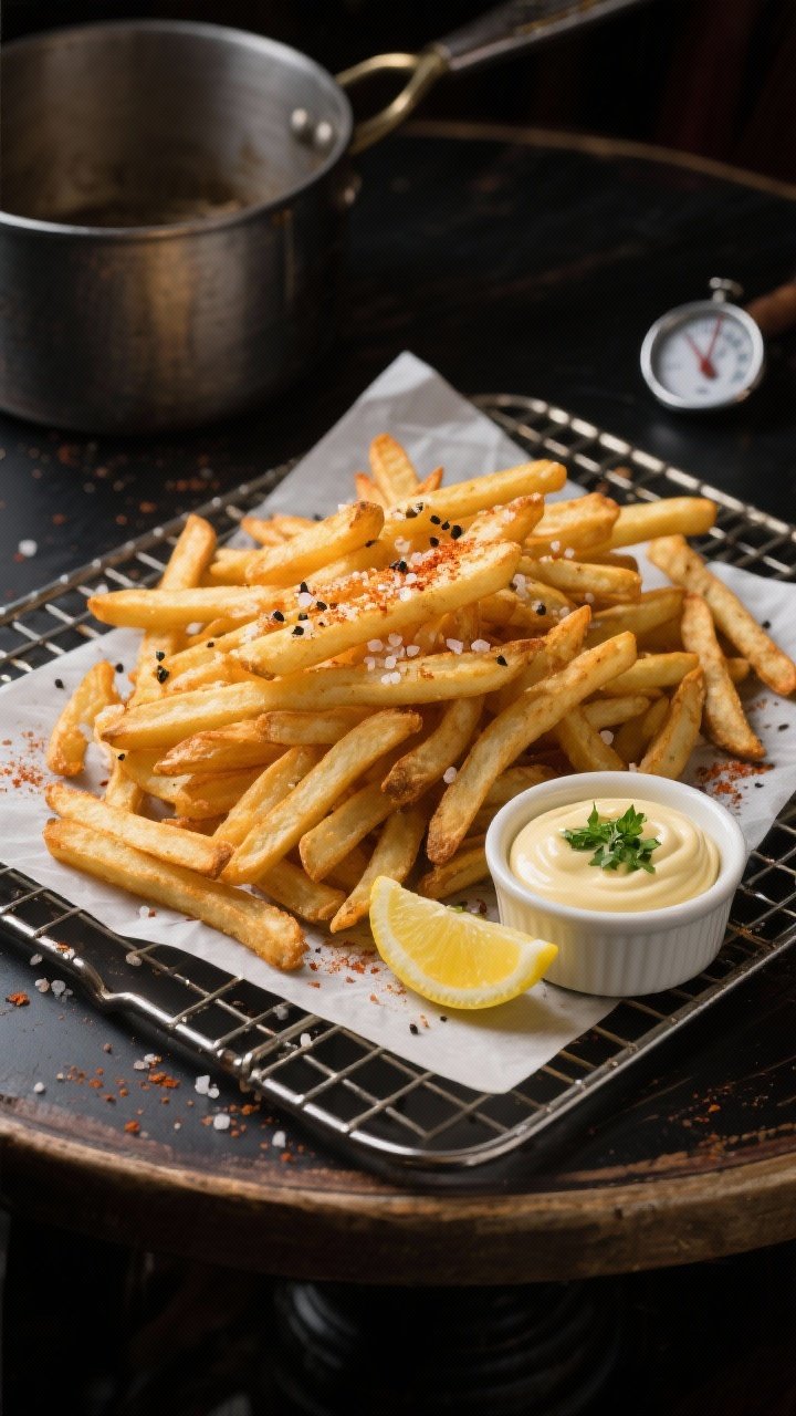 Overhead shot of classic bistro shoestring fries piled high on a parchment-lined wire rack, just out of a second fry—deeply golden, visibly crisp edges, sprinkled with flaky kosher salt, black pepper, and a dusting of smoked paprika; a small ramekin of glossy garlic-herb aioli (mayonnaise, grated garlic, Dijon, lemon juice, chopped parsley) on the side with a lemon wedge; set on a dark bistro-style tabletop with a small thermometer and heavy pot in the background hinting at the two-stage fry; moody, cozy lighting, no people, emphasis on crunch and the garlicky dip.