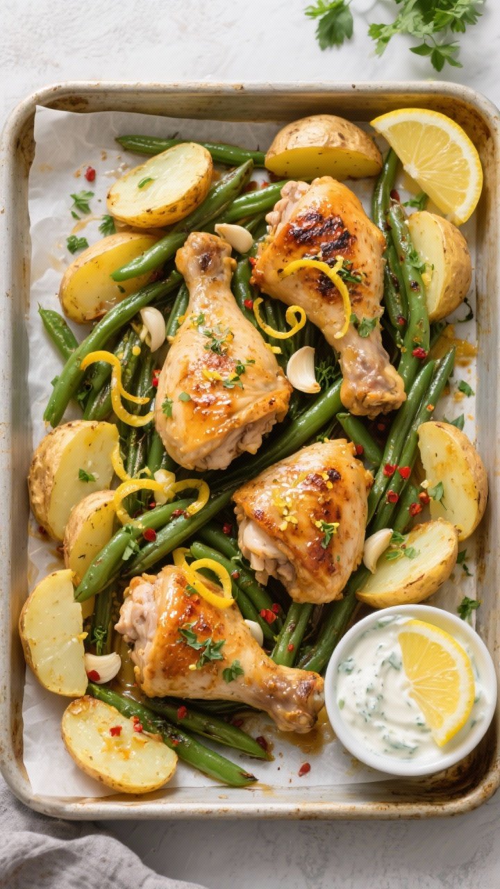Overhead shot of Lemon-Garlic Chicken with crispy baby Yukon gold potatoes and green beans on a rimmed sheet pan, potatoes halved and deeply golden cut-side down, chicken thighs glossy with lemon zest, minced garlic, Dijon, honey, oregano, and red pepper flakes, charred green beans nestled around, lemon halves and zest curls scattered, finished with chopped fresh parsley; bright Mediterranean styling on a lightly oiled parchment-lined pan, a small bowl of Greek yogurt/tzatziki and lemon wedges on the side; 425°F oven-roast look with slight broiled char, crisp textures and juicy chicken emphasized, clean natural light.