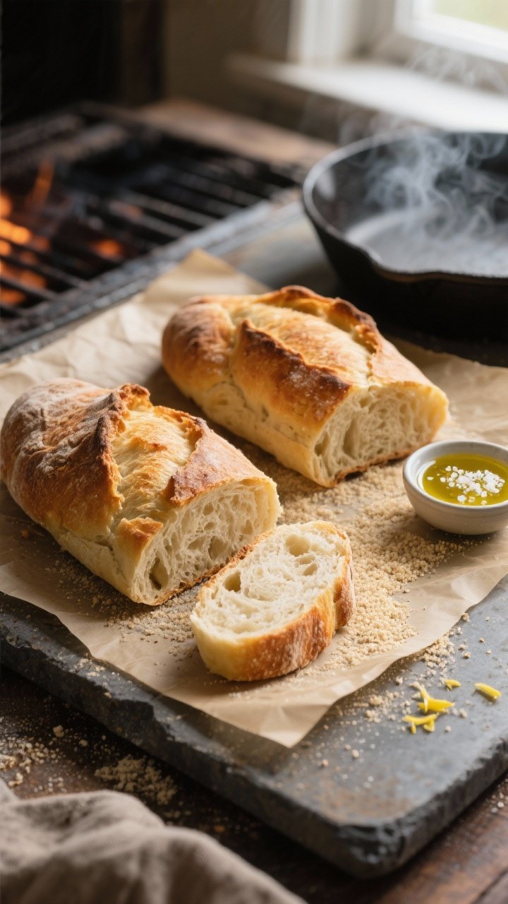 Overhead shot of two freshly baked no-knead artisan ciabatta loaves on parchment over a hot baking stone, showcasing a deeply golden, blistered, shattering crust and an open, airy crumb in a few rustic slices; semolina-dusted surface, small bowl of olive oil with flaky sea salt and lemon zest beside the bread; warm, steamy atmosphere evoking a home oven at 475°F with cast-iron skillet steam; rustic Italian vibe, natural window light, crisp textures and chewy interior clearly visible.