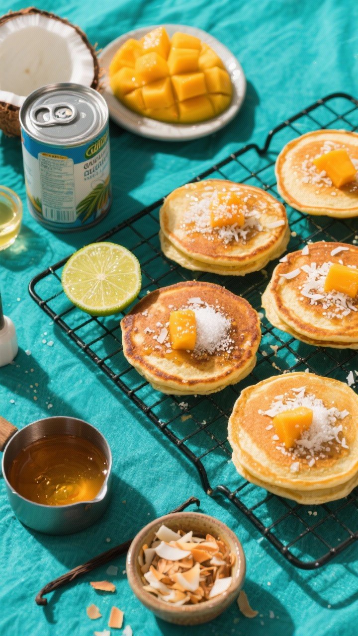 Overhead tropical ingredient-to-finish scene for Coconut-Mango Pancakes: a cooling rack with golden pancakes dotted with shredded coconut and mango cubes; a side dish of lime sugar (lime zest rubbed into sugar) with a pinch of salt, a small pot of warm maple or honey, and a ramekin of toasted coconut flakes; visible ingredients arranged artfully—can of coconut milk, diced ripe mango, coconut oil in a small bowl, vanilla extract; vibrant, sunlit styling with teal linen, high contrast to make mango’s orange-yellow pop, sugar crystals sparkling.