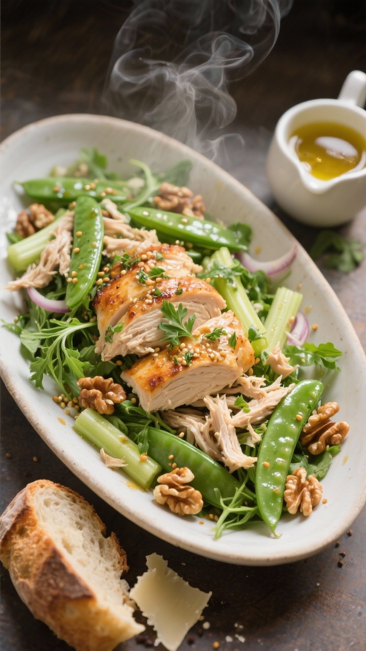 Overhead warm salad in a shallow oval serving dish: steaming rotisserie chicken shreds tossed with blanched snap peas/green beans, thin celery and shallot, lightly wilted baby arugula, all glossed with herb vinaigrette (olive oil, Dijon, whole-grain mustard, white wine vinegar, honey) speckled with chopped tarragon and parsley. A few toasted walnuts and shaved Parmesan on the side as optional add-ins, with a slice of crusty bread and a small pitcher of vinaigrette. Cozy yet bright mood, gentle steam visible, greens vivid, mustard seeds dotted throughout, professional, inviting warmth.