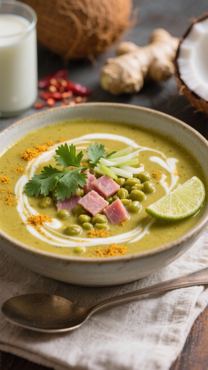 Straight-on close-up of creamy coconut curry split pea ham soup in a wide ceramic bowl: golden-green hue from curry powder, cumin, and turmeric; ribbons of coconut milk swirled on the surface, tender split peas and pink-edged diced ham peeking through. Garnished with fresh cilantro leaves, thinly sliced scallions, and a lime wedge on the rim. A spoon rests on a linen napkin; coconut milk can, ginger knob, and red pepper flakes blurred in the background. Soft, warm light with gentle contrast to emphasize creaminess.