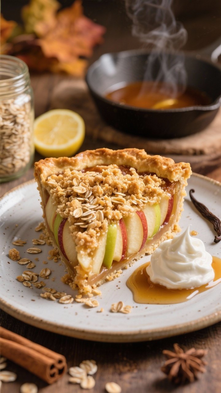 Straight-on, cozy plated presentation of a Brown Butter Maple Apple Pie with Oat Crumble: a generous slice on a ceramic plate showing distinct apple layers (Fuji and Granny Smith) glossed with maple and brown butter, crowned with a chunky golden oat streusel; tiny browned butter specks visible in the juices, cinnamon-ginger warmth; side dollop of softly whipped cinnamon cream and a drizzle of warm maple syrup; background includes a jar of old-fashioned oats, a small pan with browned butter, lemon wedge, and vanilla pod; warm, autumnal lighting with subtle steam rising.