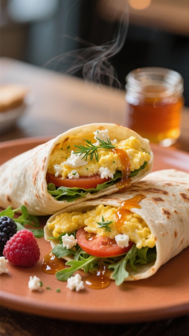 Straight-on hero shot of a Savory Breakfast Wrap, seam-side lightly toasted: tortilla folded around silky soft-scrambled eggs mixed with crumbled feta and fresh dill/chives, layered over baby arugula and thin tomato slices (pat-dried). The halved wrap shows a glossy drizzle of hot honey threading through the eggs. Served on a warm-toned plate with a small side of berries and a jar of hot honey in the background; morning light, gentle steam, inviting café feel, crisp focus on creamy egg texture and feta crumbles.
