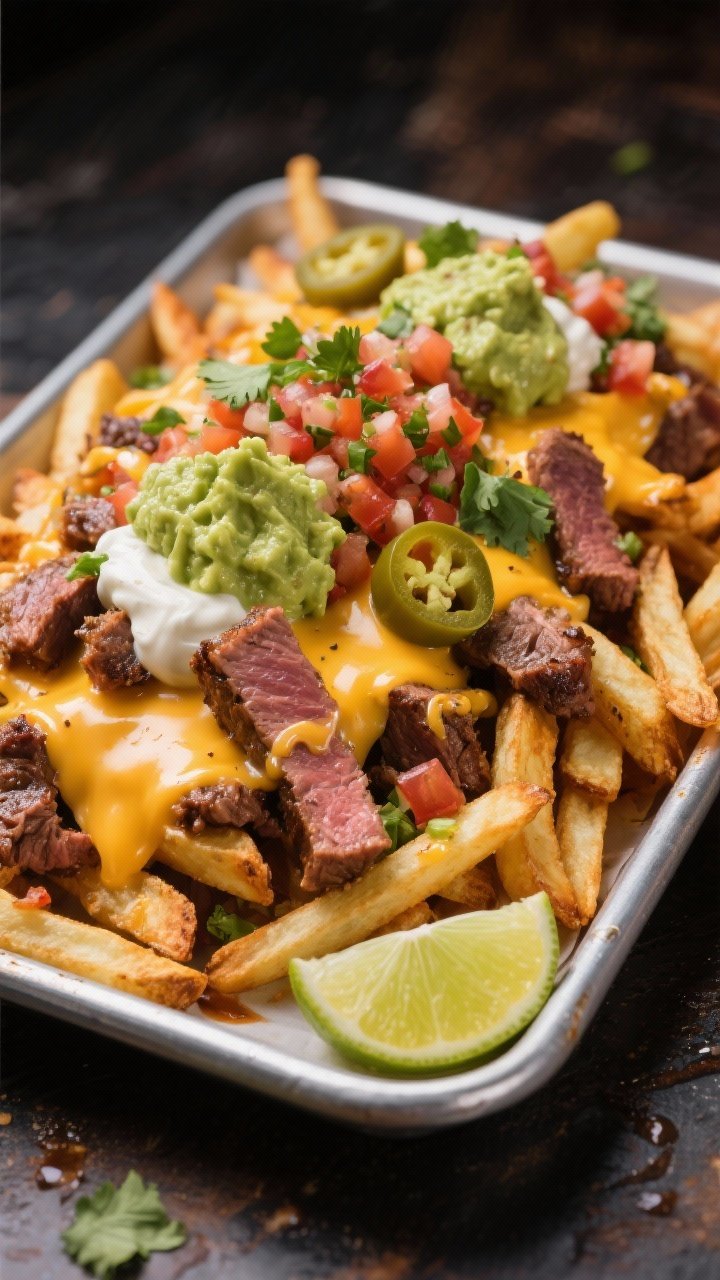 Straight-on hero shot of loaded carne asada fries on a rimmed sheet pan: a mountain of ultra-crisp fries topped with melted Monterey Jack, juicy chopped flank steak seared medium-rare, dollops of guacamole, drizzles of crema, spoonfuls of pico de gallo, scattered cilantro, and a few pickled jalapeños; cheese visibly gooey from a quick broil; lime wedges on the side; bold, saturated colors and a slightly messy, late-night indulgent vibe; focus on melty cheese and steak texture, shallow depth of field.
