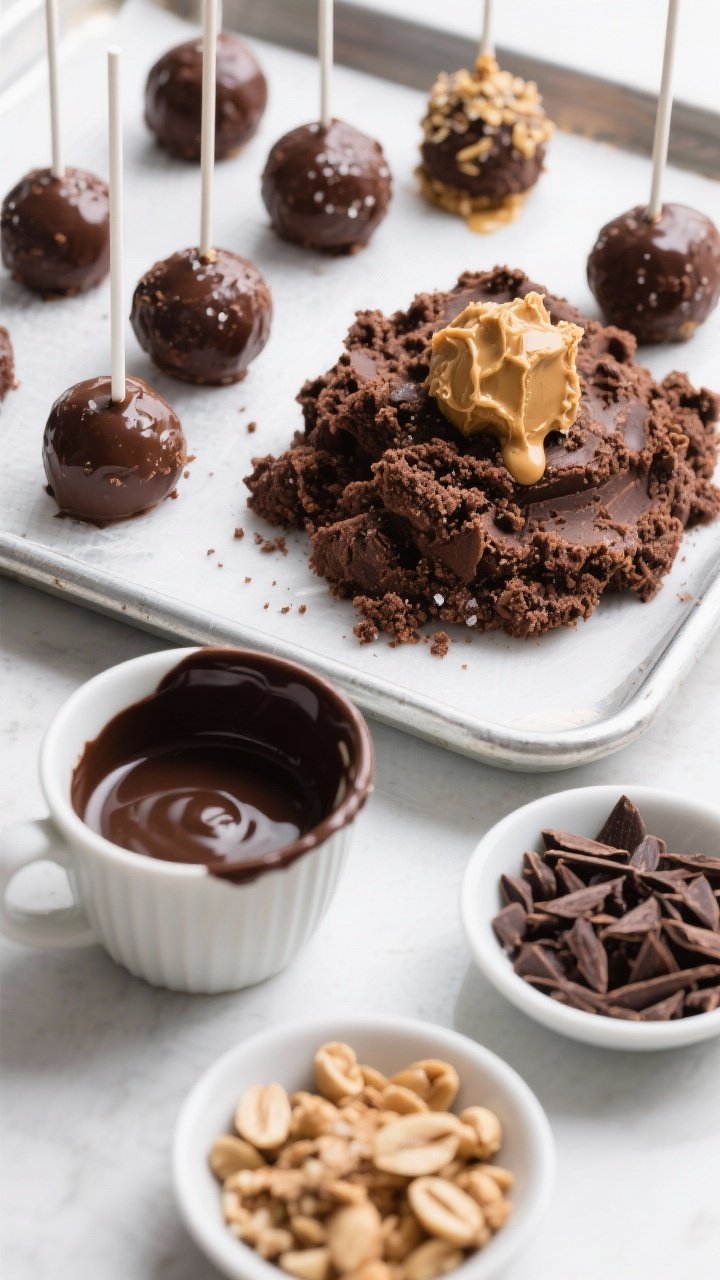 Straight-on ingredients-to-process shot for No-Bake Peanut Butter Brownie Batter Cake Pops (gluten-friendly): a mound of fine brownie crumbs mixed with creamy peanut butter, maple syrup, vanilla, and a pinch of salt forming a dense dough; several 1-inch balls chilling on a tray. In front, a cup of melted dark chocolate with coconut oil, and small dishes of crushed roasted peanuts and cacao nibs for topping. Cool, rich palette with deep chocolate browns and peanut-butter gold; focus on fudgy, no-bake texture and glossy dip. Clean, modern styling, minimal props.
