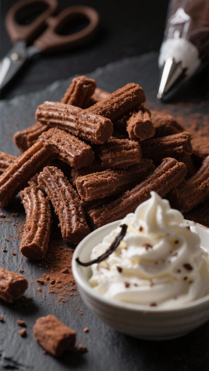 Straight-on macro close-up: A mound of bite-size chocolate-dusted mini churros (2–3 inch pieces) coated in a cocoa–sugar–cinnamon mix with a hint of espresso powder, the ridges visibly crisp. In front, a chilled bowl of vanilla bean cloud—softly peaked whipped cream with specks of vanilla bean—looking airy and inviting. Scatter a few cocoa-dusted granules on a dark slate to contrast the warm tones; place a piping bag with star tip and scissors slightly blurred in the background to suggest the snipped pieces. Low, dramatic lighting to accentuate texture and cocoa coating.