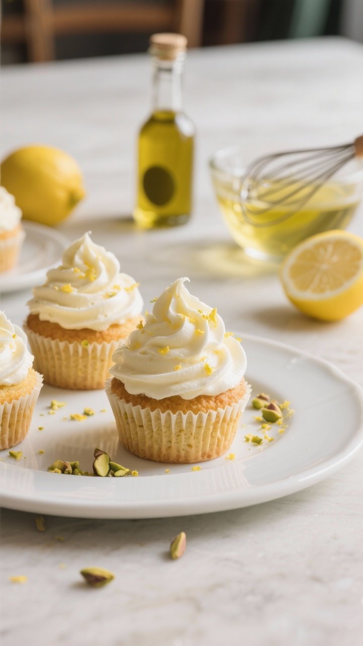Straight-on minimalistic plated presentation of Olive Oil Lemon Cupcakes with whipped mascarpone: ultra-tender cupcakes crowned with billowy mascarpone peaks, finished with a delicate drizzle of extra-virgin olive oil and a dusting of lemon zest; optional garnish of crushed pistachios on a few for contrast; background props include a small bottle of fruity olive oil, a chilled bowl with whisk trails, and whole lemons; elegant European café mood, soft neutral tones, gentle side light highlighting silky topping and golden crumb.