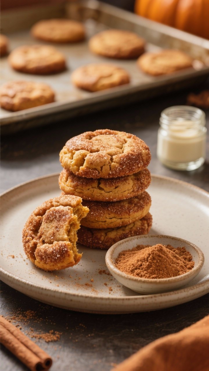 Straight-on plated beauty shot: A stack of pumpkin spice snickerdoodles with a dramatic cinnamon-pumpkin sugar crust, puffed and soft with subtle crinkle tops, one cookie broken to show tender interior; set on a neutral ceramic plate with a shallow bowl of the cinnamon-sugar coating (granulated sugar, cinnamon, pumpkin pie spice) and a small jar of cream of tartar in frame; warm autumn palette with rich browns and golden edges; directional light emphasizing the crystalline crust; add a baking tray in the background with evenly spaced, freshly baked rounds to reinforce the classic snickerdoodle look.