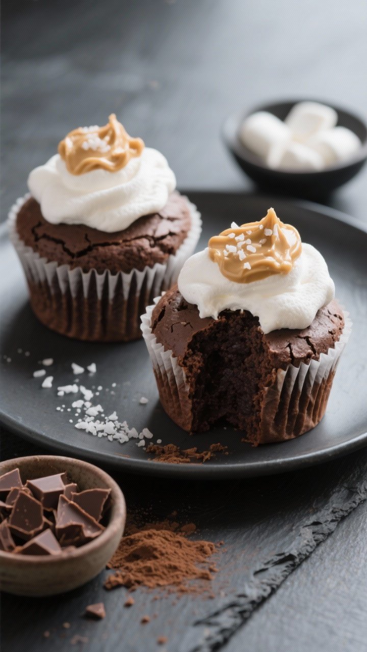Straight-on plated presentation of Flourless Fudge Cupcakes With Salted PB Cloud: individual brownie-like cupcakes in sturdy parchment liners, tops slightly cracked and sunken in the center, crowned with billowy salted peanut butter-marshmallow “cloud” topping and a pinch of flaky sea salt. One cupcake cut in half to show dense, fudgy interior. Include small bowls of chopped semisweet chocolate, cocoa powder, and marshmallow creme as styling elements. Clean, dark slate surface, soft directional light for shine and texture; gluten-free elegance with rich, glossy details.