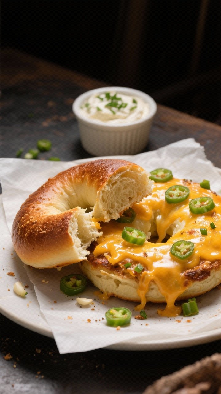 Straight-on plated presentation of Jalapeño Cheddar bagels with melty, crispy cheese edges: bagels bronzed at 450°F, cheddar bubbling and lacy “cheese skirts” spilling onto parchment; visible diced jalapeños speckled across the cheese, a light dusting hinting at garlic powder in the dough; one bagel torn open to show tender interior; a ramekin of chive cream cheese in the background; bold, spicy-cheesy mood with dramatic side lighting to emphasize gloss and texture.