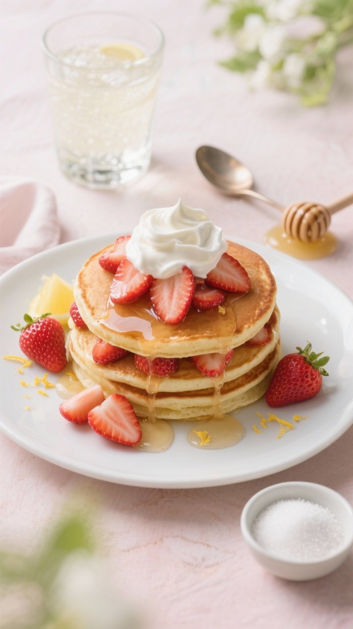 Straight-on plated presentation of Strawberry Shortcake Pancakes: tender pancakes layered with macerated sliced strawberries (juicy, syrupy), topped with a generous dollop of whipped Greek yogurt-cream sweetened with honey and vanilla; strawberry juices dripping down the stack, a few extra berries and a sprinkle of fresh lemon zest around the plate; background elements include a glass of club soda, a small bowl of sugar, and a spoon with honey; bright spring light, soft pastel props, crisp details on berry gloss and pillowy yogurt.