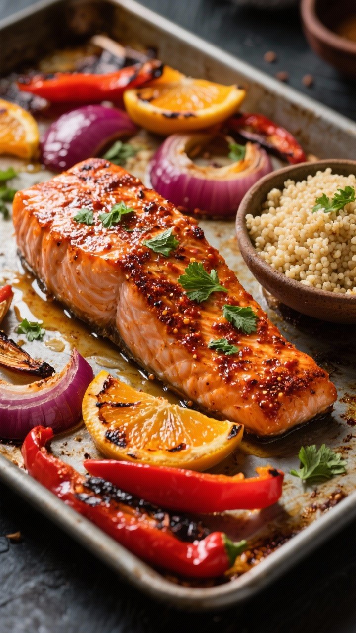 Straight-on sheet-pan presentation with drama: Harissa-honey sheet pan salmon, one large piece skin-side down, generously coated in a harissa, honey, lemon juice, cumin, and olive oil glaze, roasted until the edges char slightly. Around it, roasted red onion wedges, red bell pepper strips, and thin orange slices with caramelized, charred rims. Finished with chopped cilantro or mint. Served alongside fluffy couscous in a small bowl. Bold, contrasty lighting to accentuate smoky glaze and citrus char; warm, North African-inspired vibe.