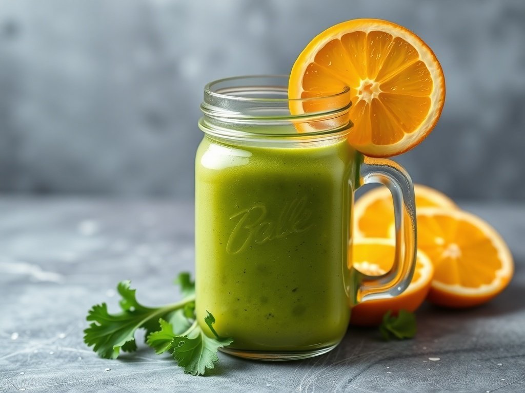 A refreshing Citrus Green Smoothie with kale, garnished with an orange slice, surrounded by fresh oranges.