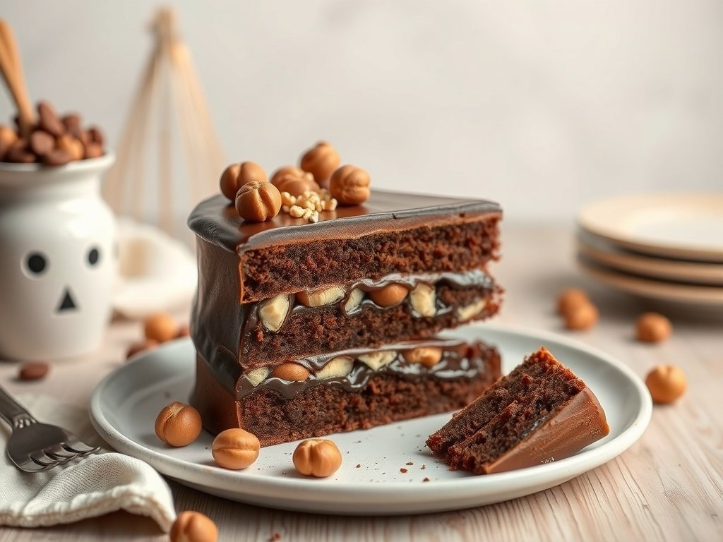 A slice of hazelnut chocolate cake with layers of chocolate and creamy filling, topped with hazelnuts.