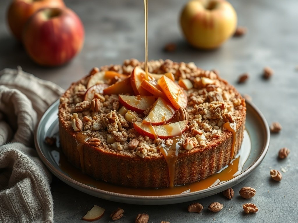 A delicious Nutty Apple Crumble Cake topped with sliced apples and caramel sauce.