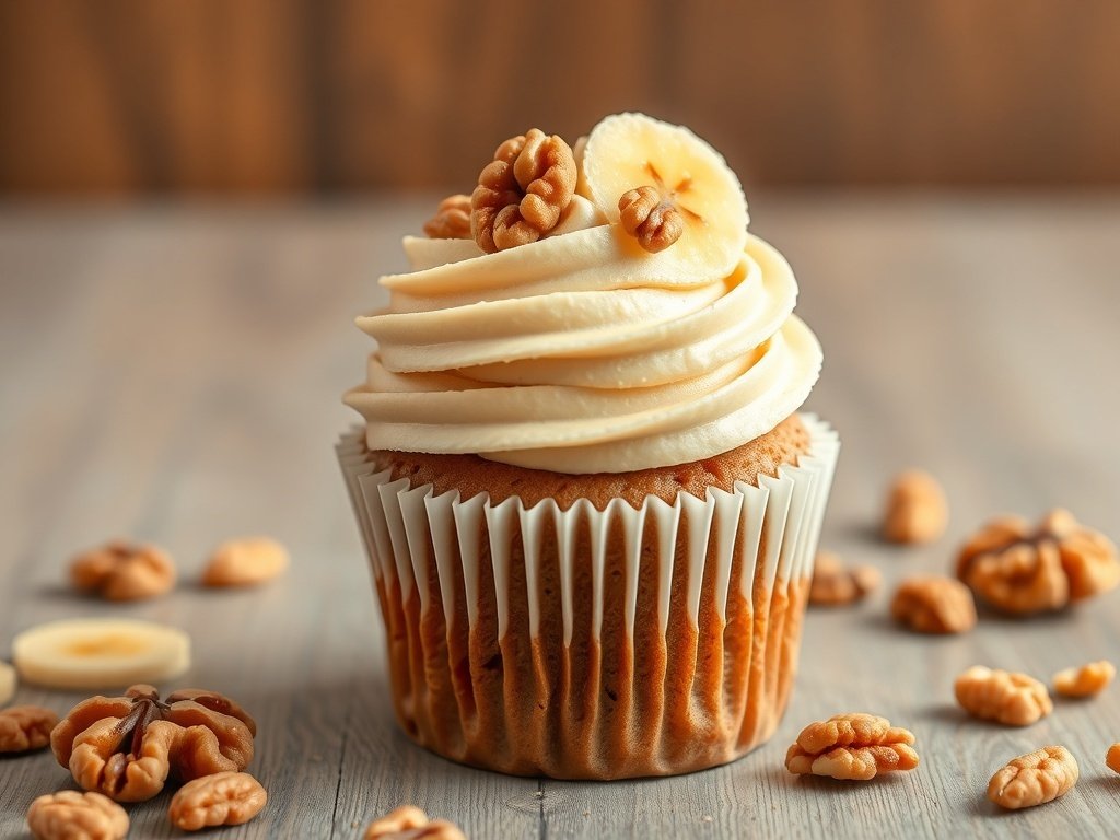 Nutty Banana Bread Cupcake topped with cream cheese frosting, banana slice, and walnuts.