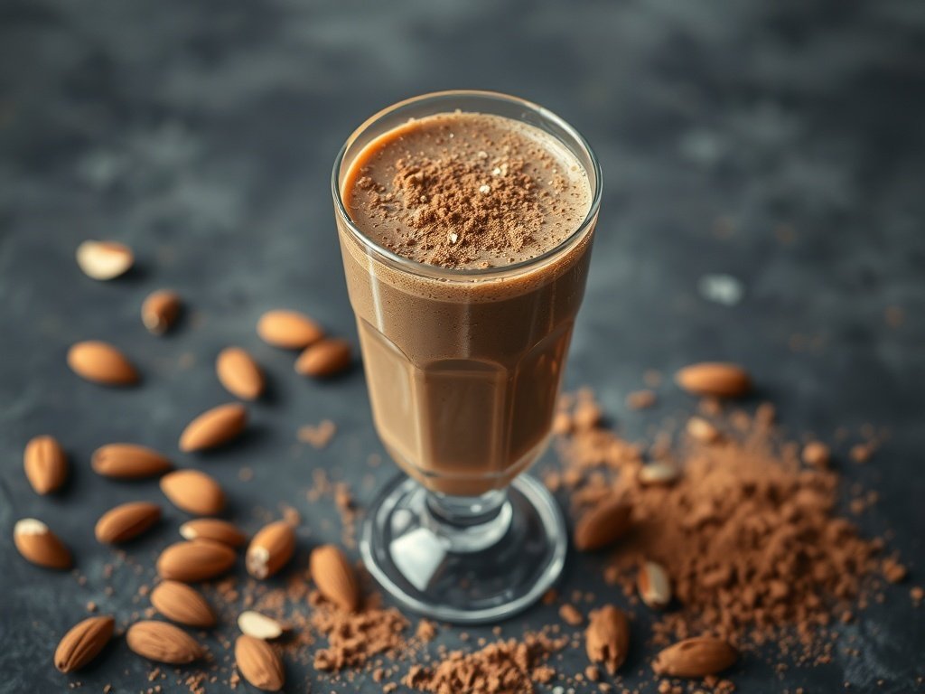 A glass of cocoa almond protein smoothie with almonds and cocoa powder scattered around.