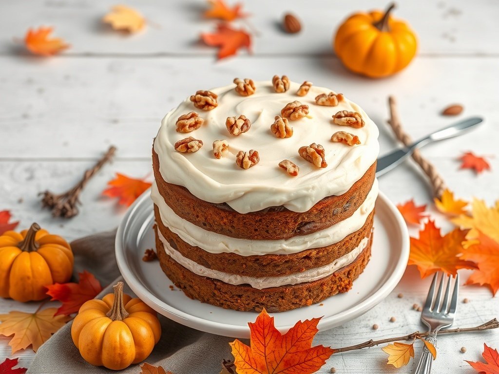 A three-layer carrot cake with cream cheese frosting, topped with walnuts, surrounded by autumn leaves and small pumpkins.