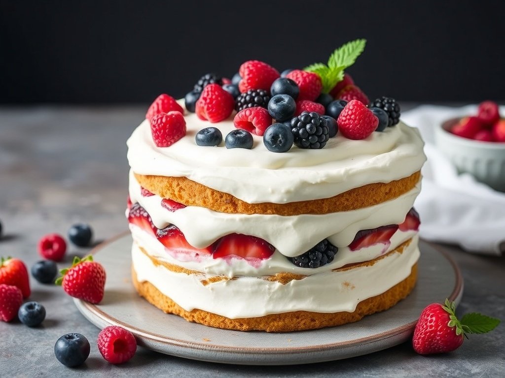 A beautiful Harvest Berry Cake topped with fresh berries and whipped cream.