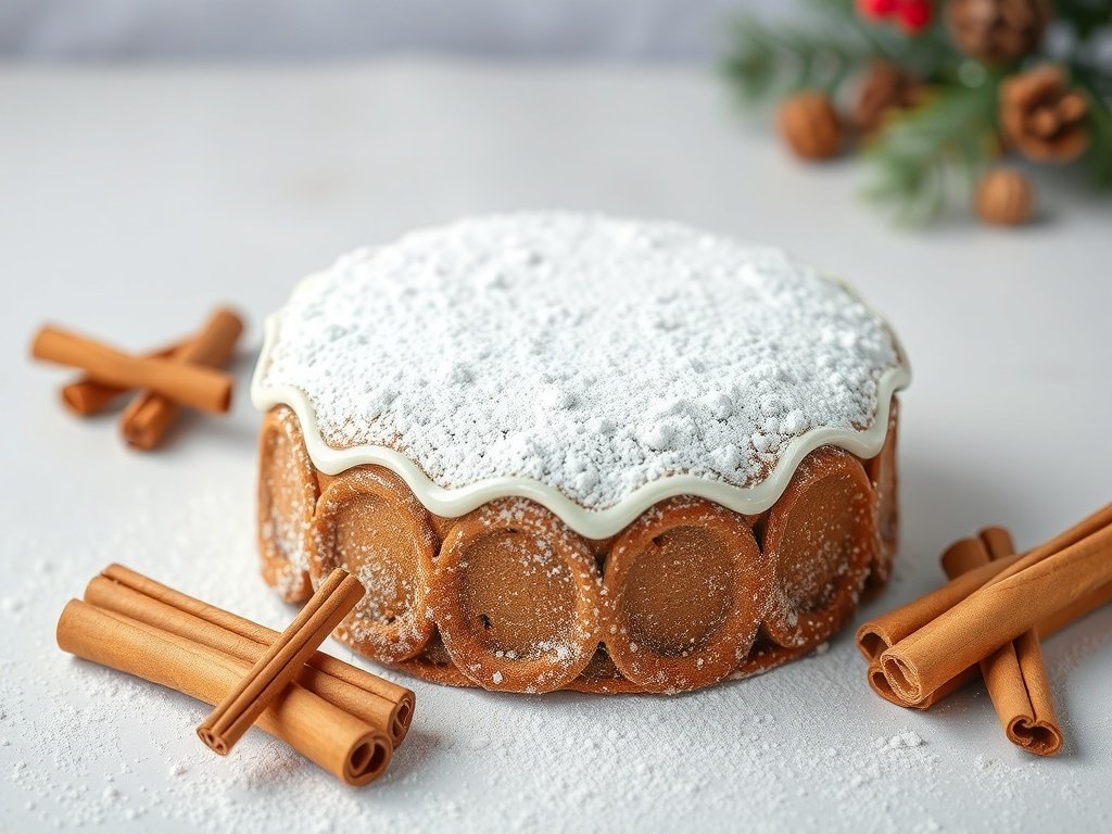 A beautifully decorated gingerbread cake with powdered sugar and cinnamon sticks.