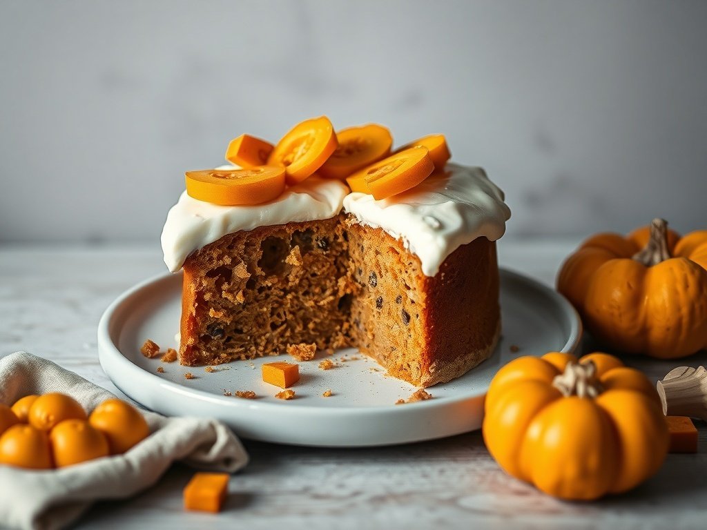 A slice of butternut squash cake topped with cream cheese frosting and garnished with orange slices, surrounded by small pumpkins.