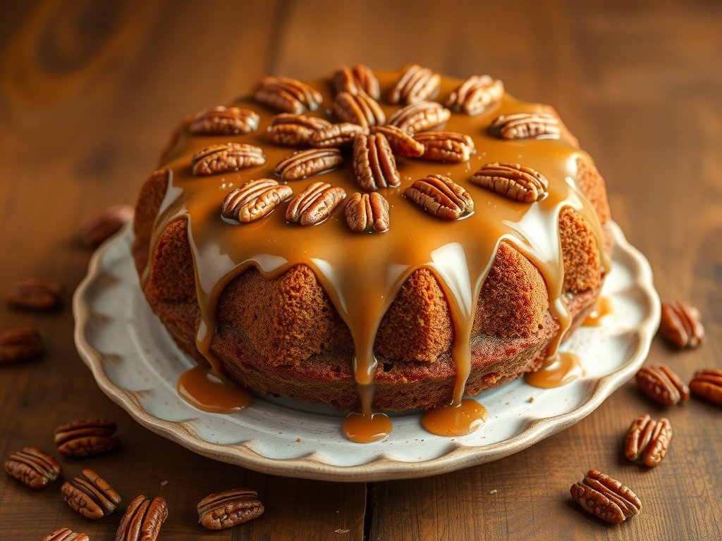 A delicious maple pecan cake topped with caramel and pecans, perfect for autumn.