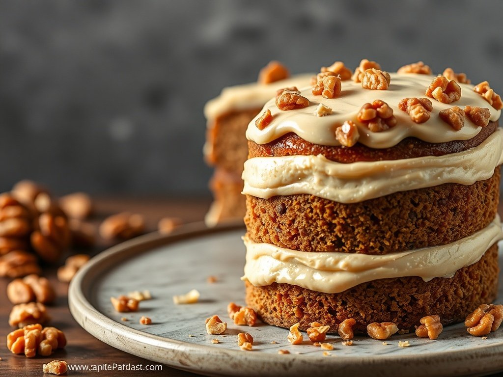 A delicious maple walnut cake decorated with walnuts on top.
