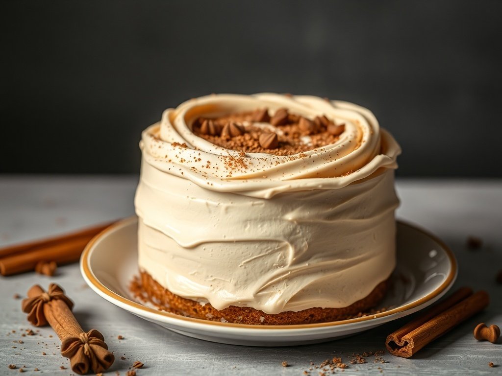 A beautifully decorated Chai Latte Cake with cream frosting and cinnamon sticks.