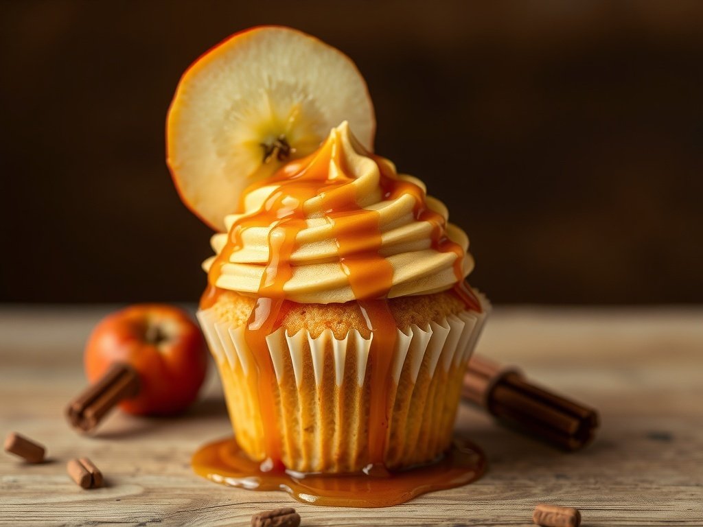 Delicious apple cider caramel cupcake topped with caramel sauce and an apple slice