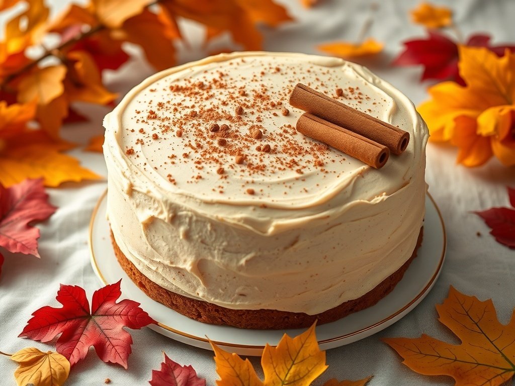 A beautifully decorated autumn spice cake surrounded by colorful autumn leaves.