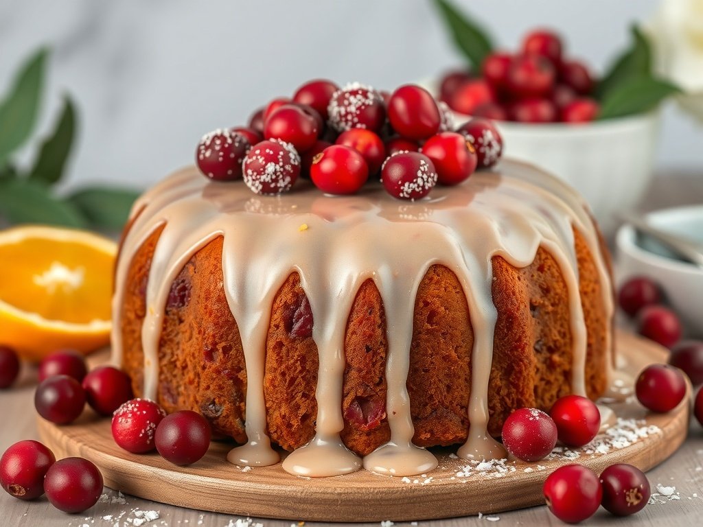 A beautifully decorated cranberry orange cake topped with fresh cranberries and a creamy glaze.